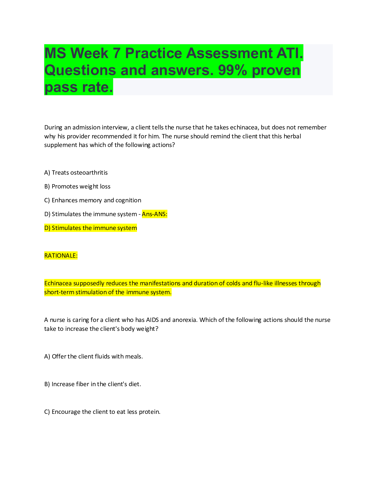 Preview of MS Week 7 Practice Assessment ATI. Questions and answers. 99% proven pass rate.